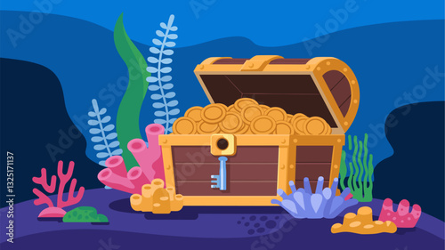 Discover a whimsical underwater scene featuring a treasure chest overflowing with gold coins, surrounded by colorful corals and vibrant sea plants.