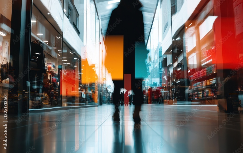 Fototapeta premium Abstract image of a modern shopping mall interior with vibrant colors and blurred figures, showcasing a dynamic and bustling atmosphere