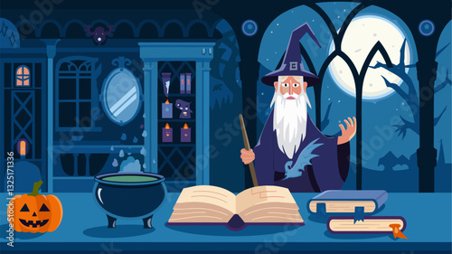 A whimsical illustration of a wizard with a magical book, potion, and pumpkin, set in a mysterious room illuminated by a full moon. Perfect for Halloween themes!