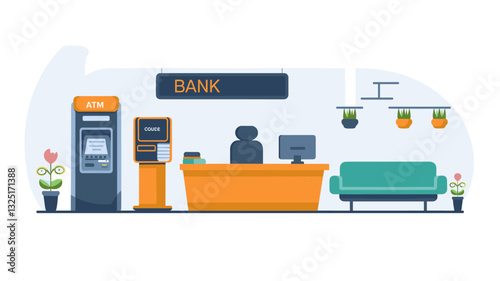 A sleek, contemporary bank interior featuring an ATM, customer service desk, and comfortable seating, complemented by decorative plants for a welcoming atmosphere.