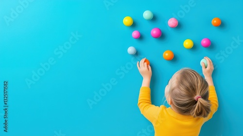 A young child reaches for colorful balls on a blue wall