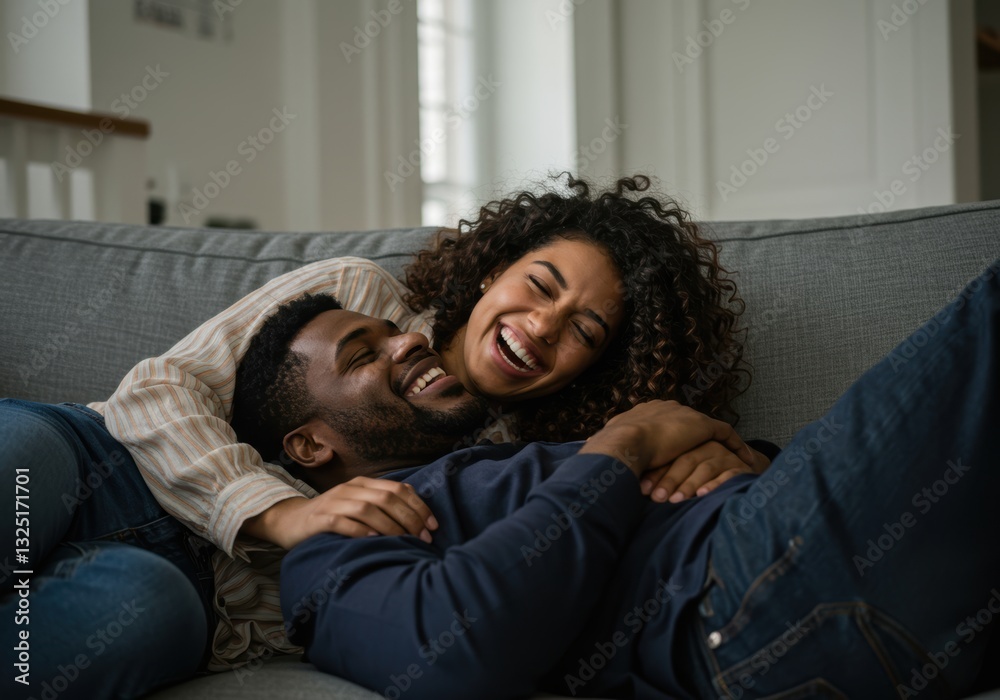 Joyful couple relaxing on a sofa and sharing a happy moment at home Joyful couple relaxing on a sofa and sharing a happy moment at home