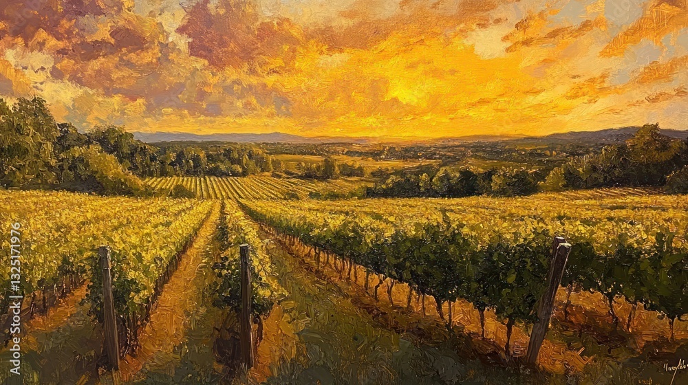 Fototapeta premium A beautiful landscape shows rows of grape vines at sunset