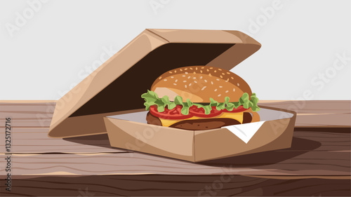 A mouth-watering cheeseburger with fresh lettuce, tomatoes, and a golden bun presented in a brown takeout box on a rustic wooden table.
