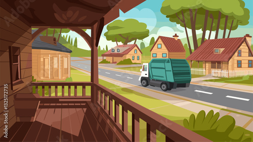 A vibrant, animated view from a porch depicting a peaceful neighborhood with wooden houses and a garbage truck on the road, highlighting everyday community life.