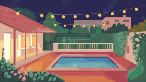 Charming backyard scene featuring a tranquil pool, soft garden lighting, and lush greenery, perfect for summer relaxation and gatherings.