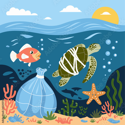 Colorful illustration depicting ocean life, featuring a turtle entangled in plastic, a fish, coral, and a beach scene, highlighting the impact of pollution on marine ecosystems.
