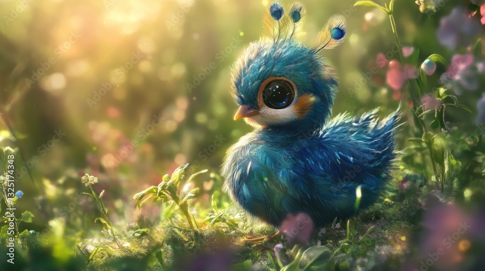 Obraz premium Adorable fluffy bird with a beautiful peacock feather crown in garden