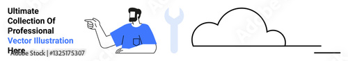 Man gesturing near a wrench icon and abstract cloud shape. Ideal for technology, services, cloud computing, engineering, data storage, business tools, flat landing page banner