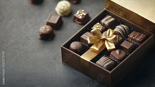 Box Of Chocolate With Gold Ribbon And Assorted Chocolates On Black Surface Studio Shot