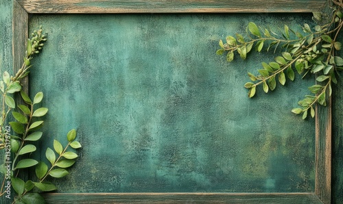 Vintage wooden frame showcasing a vibrant plant against a textured green background perfect for spring summer mood or Mother's Day card design.