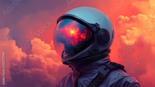 Vivid cosmic landscape reflected in astronaut's helmet against fiery sky.
