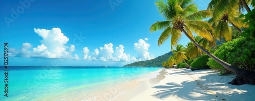 Idyllic tropical beach, vibrant palm trees, azure sea, sunny, tropical beach