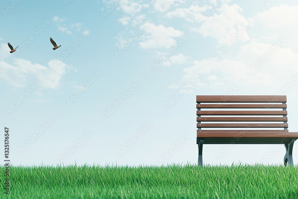 Tranquil park bench scene under a serene sky. Lush green grass meets a clear light blue sky with fluffy clouds. Two birds soar peacefully in the distance Tranquil park bench scene under a serene sky. Lush green grass meets a clear light blue sky with fluffy clouds. Two birds soar peacefully in the distance