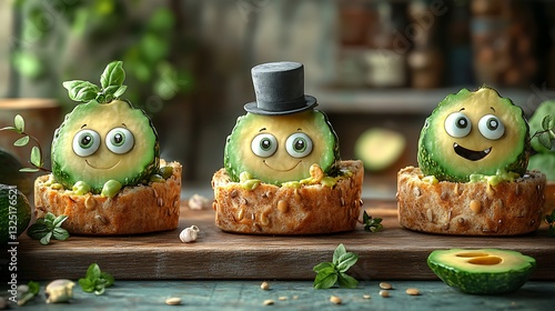 Whimsical avocado characters in creative culinary presentation.