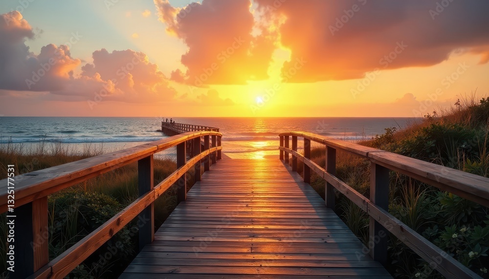 Golden sunset, wooden boardwalk leads to ocean, path, coastal Golden sunset, wooden boardwalk leads to ocean, path, coastal