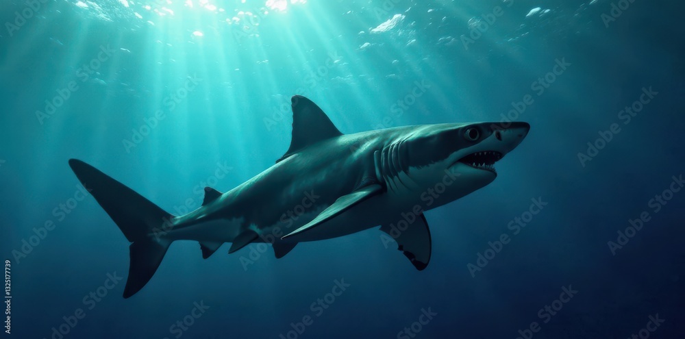Fototapeta premium Great white shark's silhouette lunging, underwater ambush, darkness, fish, attack