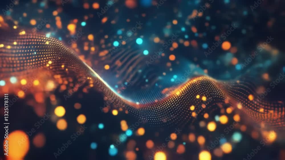 Colorful particles swirling and flowing in an abstract wave form, illustrating a dynamic representation of futuristic data flow and cutting edge technology in motion