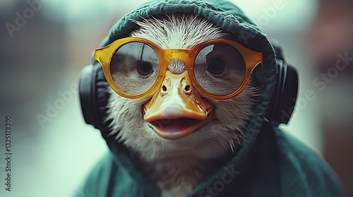 Quirky duck in neon green hoodie and oversized glasses.