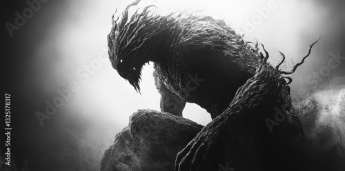 A monstrous dark figure sits and stares from the shadows
