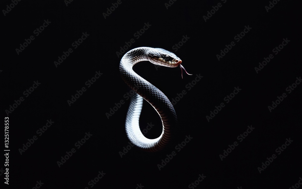 Fototapeta premium A dark image of a snake coiled in a figure eight shape against a black background. The snake is predominantly black and white, with subtle texture visible. The lighting is dramatic, emphasizing the