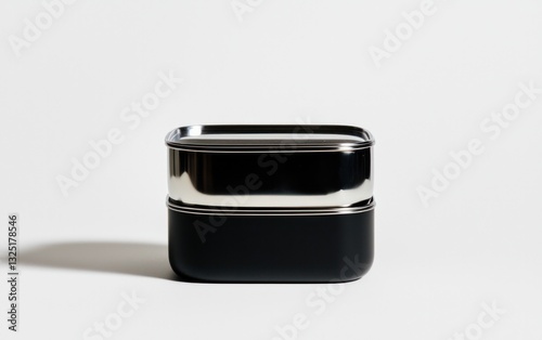 Wallpaper Mural A black and silver square stainless steel food container isolated on a white background.  The container is shown from the side, displaying its two stacked sections Torontodigital.ca
