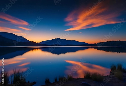 Wallpaper Mural Sunset Lake with Mountain Reflections: Orange Clouds and Serene Water View Torontodigital.ca