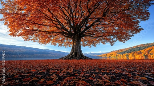 Majestic solitary tree adorned with russet foliage against a tranquil lakescape
