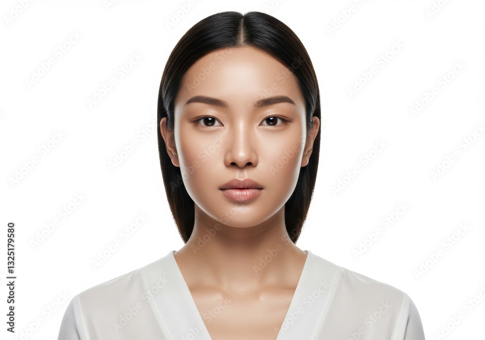 Portrait of a woman with flawless skin and symmetrical features against a white background Portrait of a woman with flawless skin and symmetrical features against a white background