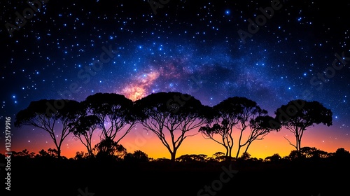 Enchanting celestial nightscape with orion constellation over silhouetted trees.
