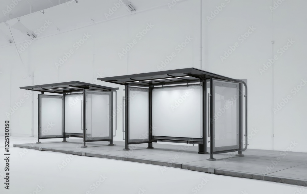 Two Modern Bus Shelters with Blank Advertising Space for Mockups Two Modern Bus Shelters with Blank Advertising Space for Mockups