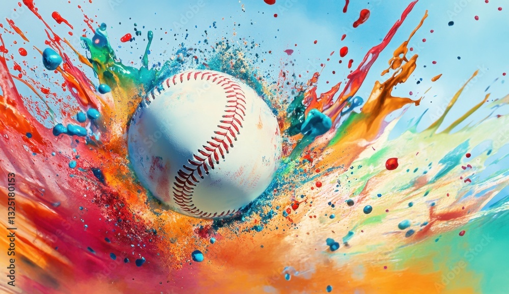 custom made wallpaper toronto digitalA colorful baseball is flying through the air, surrounded by vibrant splashes of paint in bright colors like red and green background features a dynamic splash effect Generative AI