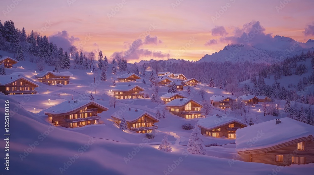 Snowy alpine village at sunset. Snowy alpine village at sunset.