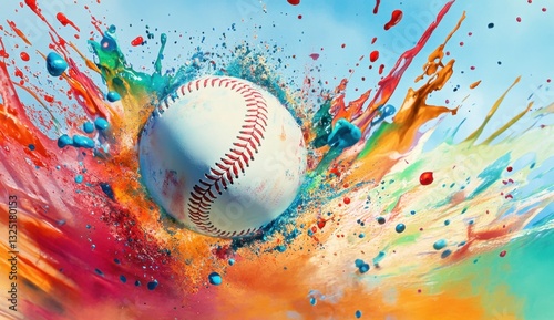 Wallpaper Mural A colorful baseball is flying through the air, surrounded by vibrant splashes of paint in bright colors like red and green background features a dynamic splash effect Generative AI Torontodigital.ca