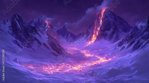 Futuristic landscape of a fiery mountain range on an alien planet.