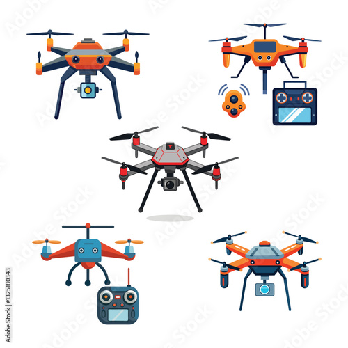 a flat illustration of a drone in orange color and a camera