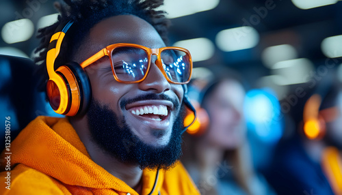 Joyful gamer laughs during online match