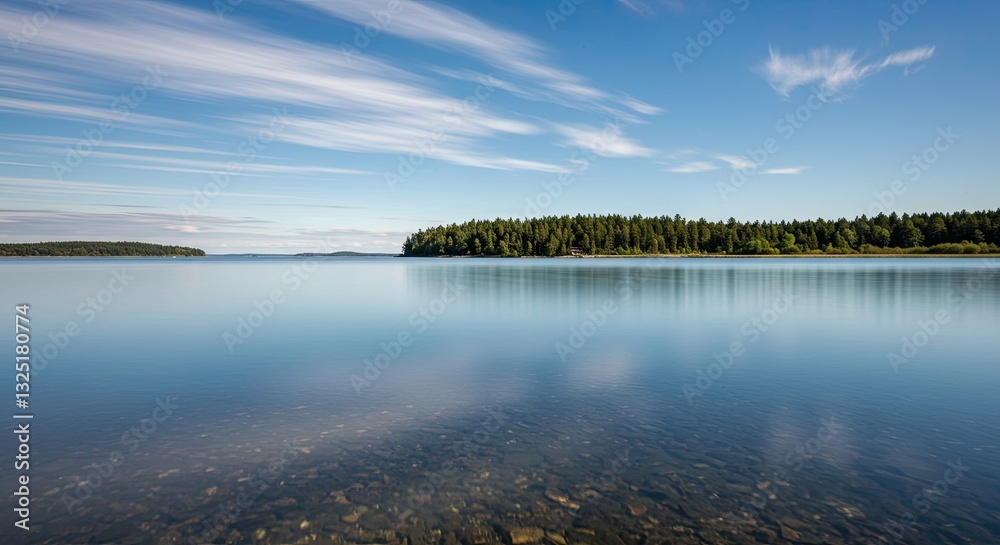 Serene lake view with forest horizon and wispy clouds on a clear day Serene lake view with forest horizon and wispy clouds on a clear day