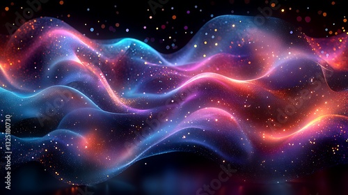 Vibrant multicolored abstract gradient with flowing patterns and light particles.
