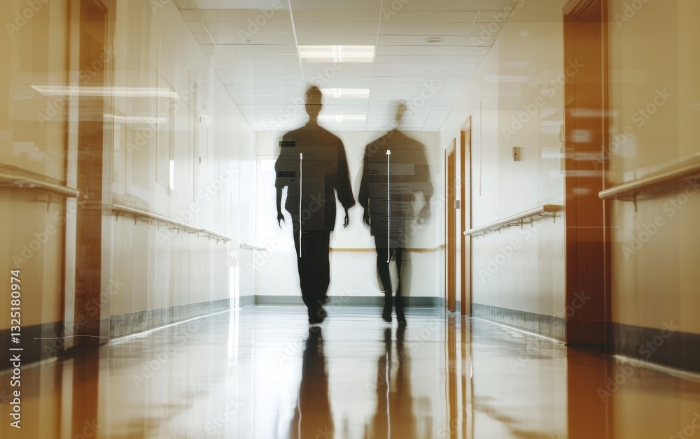 Two blurred figures walk down a long hospital corridor with bright light at the end, reflecting on the polished floor. The image has a slightly surreal and mysterious atmosphere Two blurred figures walk down a long hospital corridor with bright light at the end, reflecting on the polished floor. The image has a slightly surreal and mysterious atmosphere