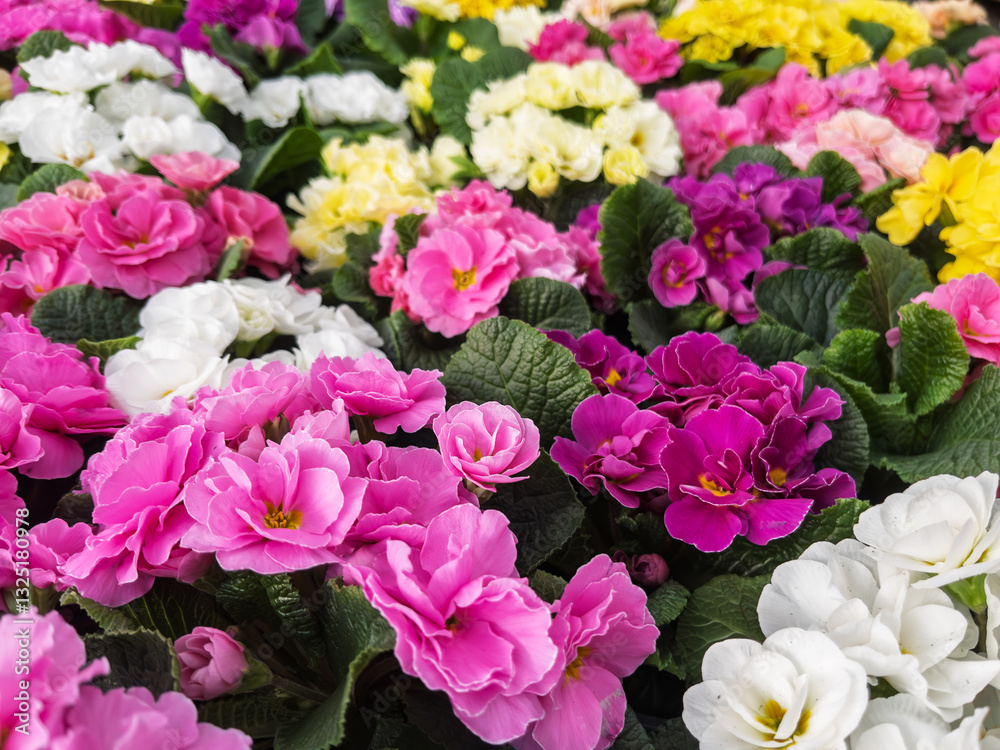Vibrant Blossoms of Primula Acaulis in Full Bloom Vibrant Blossoms of Primula Acaulis in Full Bloom