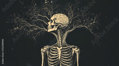 A skeletal figure with tree branches growing from their head
