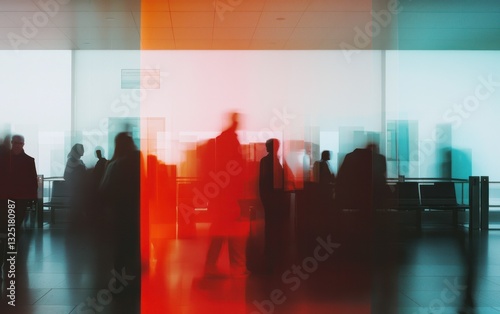 Abstract image of blurred figures in an airport waiting area, with a red and teal color filter effect. The silhouettes of people are indistinct, suggesting movement and transit photo