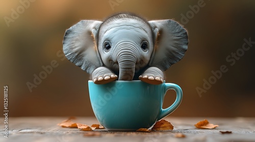 Surreal image of a baby elephant peeking from a teacup in an autumn setting.