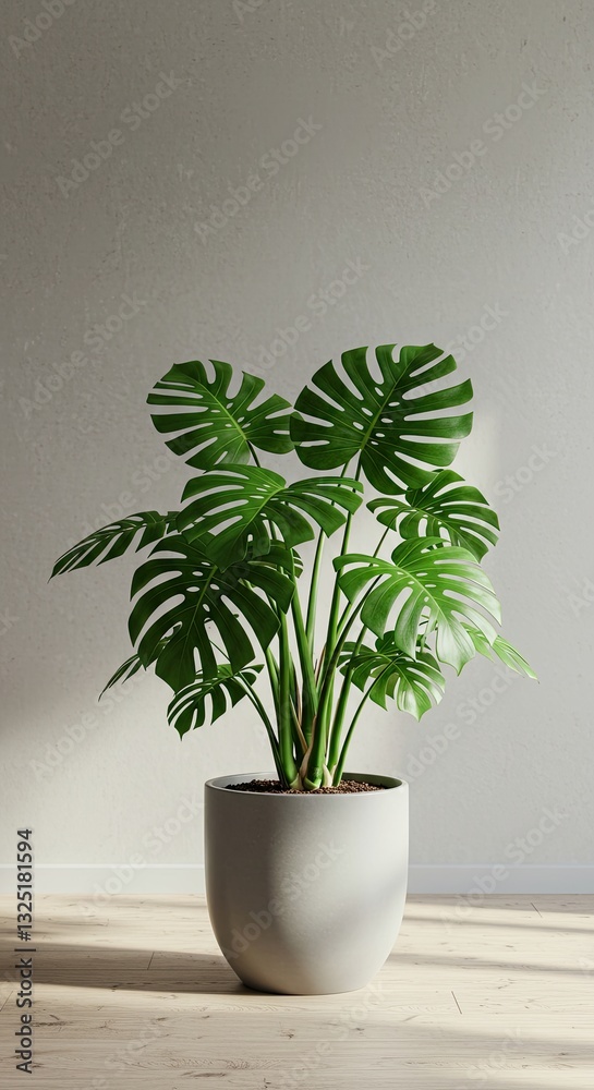 Fototapeta premium Sunlit monstera plant in modern gray pot with minimalistic background