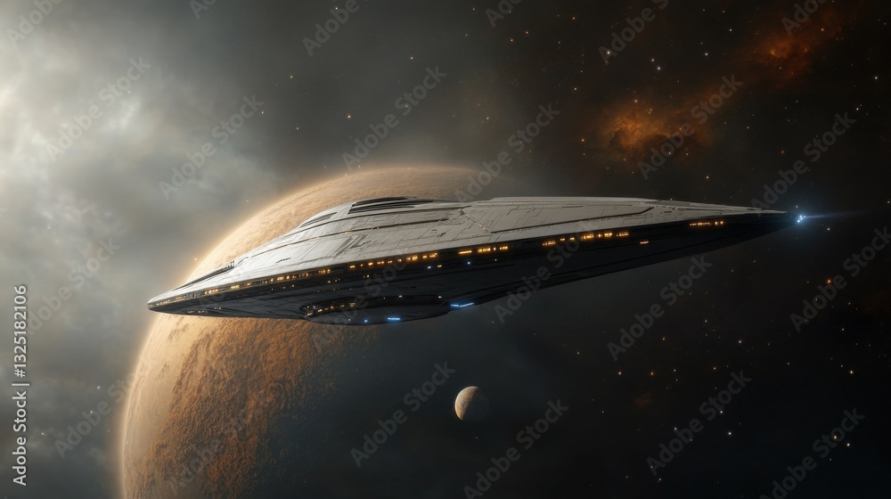 Obraz premium Colossal spaceship hovering silently over an unknown planet in deep space with distant celestial objects