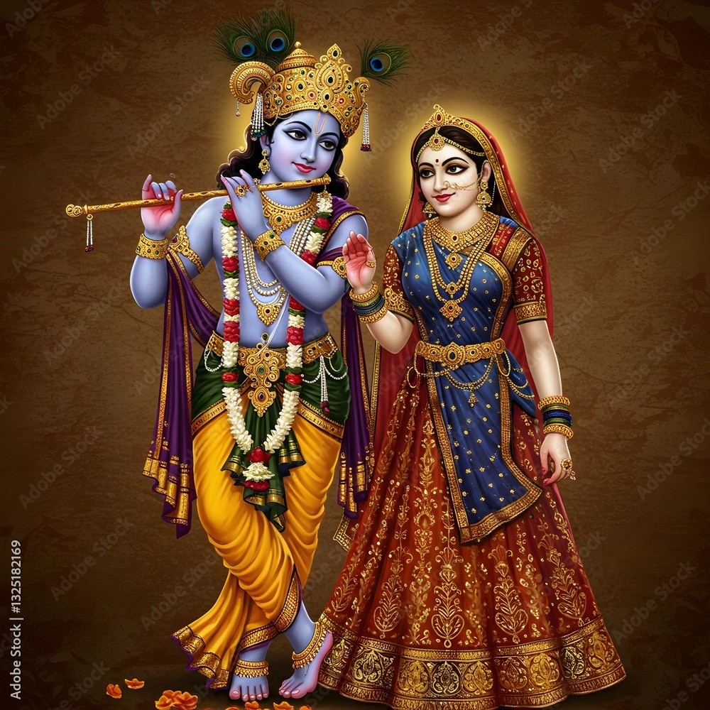Fototapeta premium Eternal Love of Radha and Krishna: A Divine Depiction of the Flute-Playing Lord Krishna and His Beloved Radha in Traditional Royal Attire, Symbolizing Devotion and Spiritual Harmony