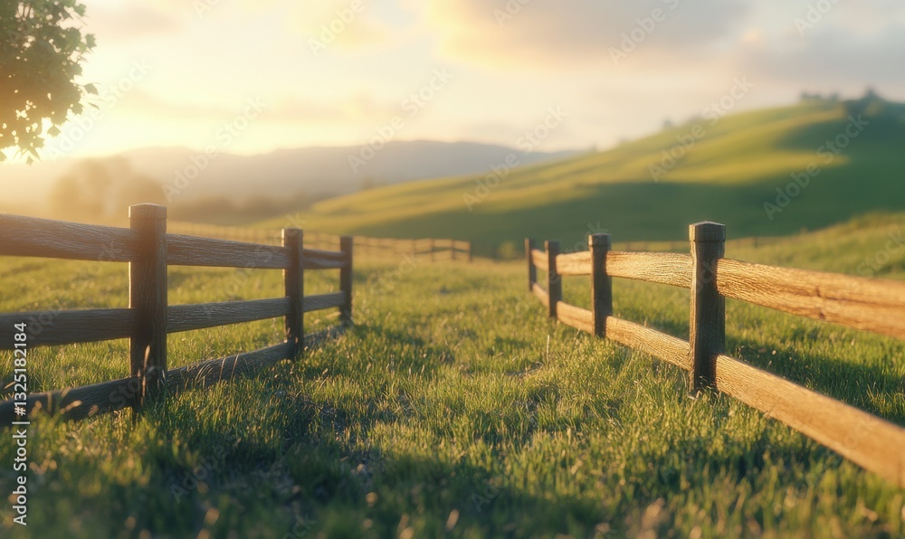 Obraz premium Peaceful countryside view with rolling green hills, wooden fences, and soft golden light creating a serene atmosphere.