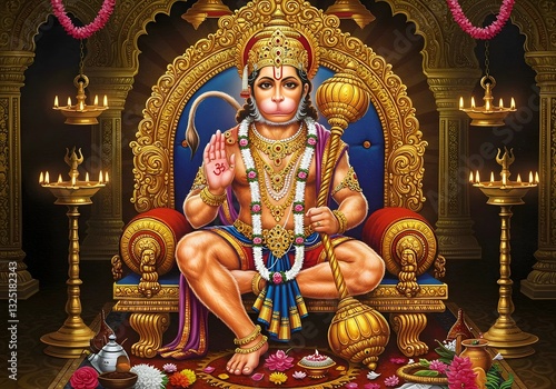 Majestic Lord Hanuman Seated on a Golden Throne: A Divine Representation of Strength, Devotion, and Protection in a Sacred Temple Ambience photo