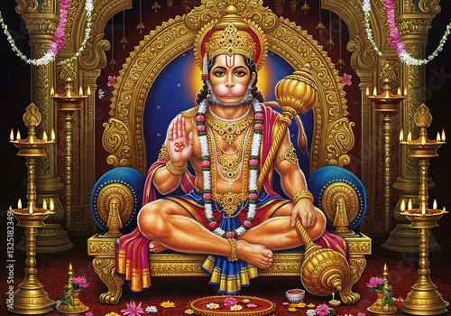 Majestic Lord Hanuman Seated on a Golden Throne: A Divine Representation of Strength, Devotion, and Protection in a Sacred Temple Ambience